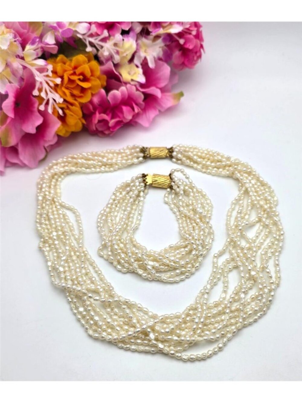 Vintage Rice Pearl Multi Strand Necklace Bracelet Set Gold Tone Clasp 18” 8”
